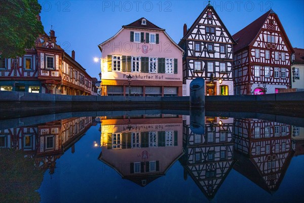 View of an old town, half-timbered houses and streets in a town. Seligenstadt am Main, Hesse Germany