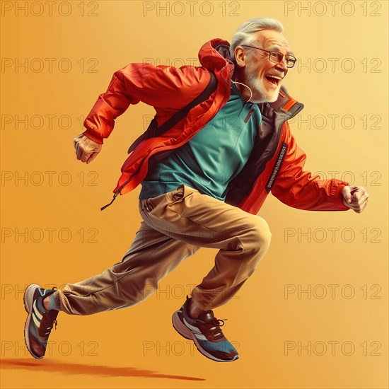 A cheerful senior in a red jacket walks stylishly in front of an orange background, run, start, advert, special offer, AI generated