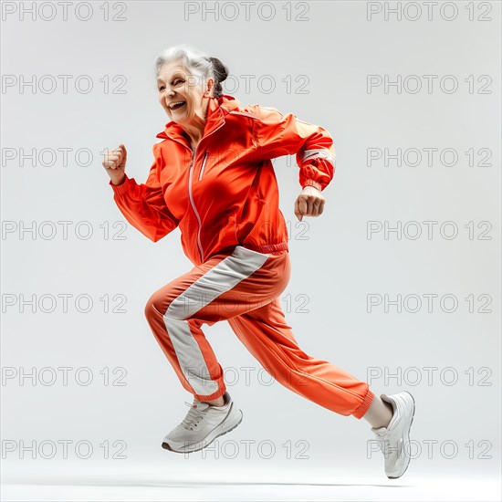 Energetic older woman in a red sports suit runs joyfully on a white background, run, start, advert, special offer, AI generated