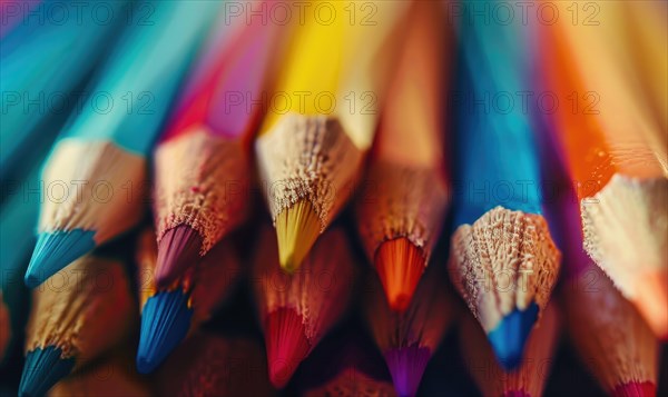 Close-up of a bunch of colored pencils, abstract background with colored pencils macro view AI generated