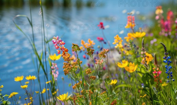 Close-up of vibrant wildflowers lining the banks of a spring lake AI generated