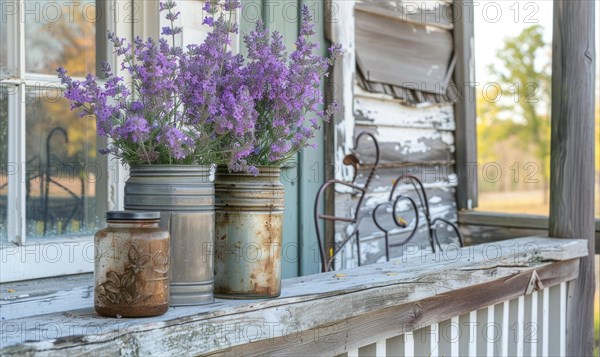 A weathered porch railing decorated with jars of lavender AI generated