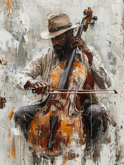 Gritty textured painting of a street musician playing the cello with an urban feel, AI Generated, AI generated