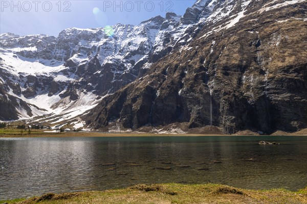 Spring at Hintersee, snow-covered mountains in Pinzgau