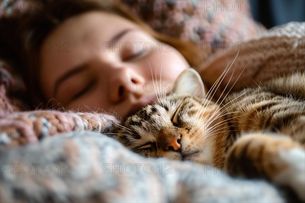 Cute tabby cat sleeping with human in bed. KI generiert, generiert, AI generated