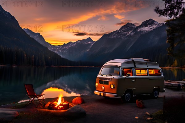 AI generated view of the essence of van life in a beautyfull mountain lake landscape