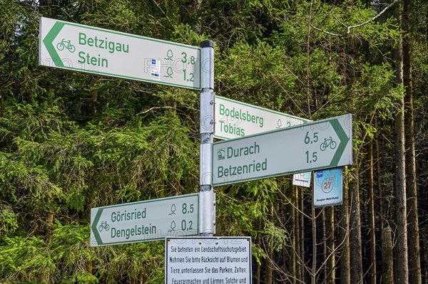 Signpost in the landscape conservation area, Kemptner Wald, Allgaeu, Swabia, Bavaria, Germany, Europe