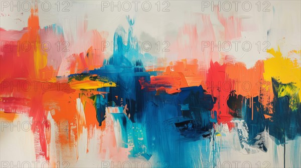 Vibrant abstract acrylic painting with bold brush strokes in red, blue, and yellow on canvas, ai generated, AI generated