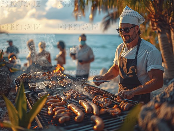 Barbecue party, guests with glasses in their hands stand around a chef who is grilling sausages and steaks, AI generated