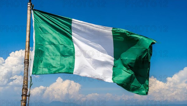 The flag of Nigeria flutters in the wind, isolated against a blue sky