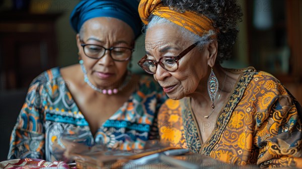 Two elderly asian women in vibrant cultural attire engaged in reading and sharing knowledge, AI generated