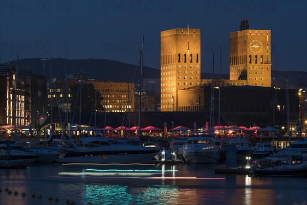 Illuminated Oslo City Hall, Aker Brygge, Oslo, Norway, Europe