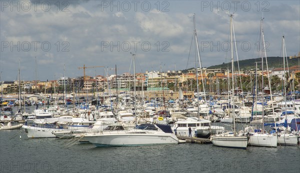 Sailboats and speedboats in Alghero marina, Sassari Province, Sardinia, Italy, Mediterranean, South Europe, Europe