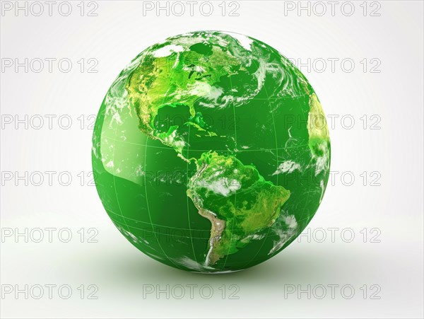 Illustration of a simplified green globe, focusing on continents with a white background, ai generated, AI generated
