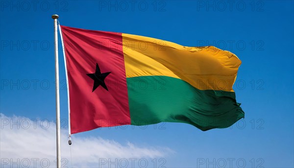 The flag of Guinea-Bissau, fluttering in the wind, isolated, against the blue sky