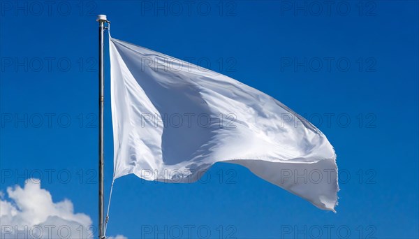 Parliamentary flag, also parliamentary flag or white flag fluttering in the wind, protective sign of the international law of war, surrender, renunciation of resistance