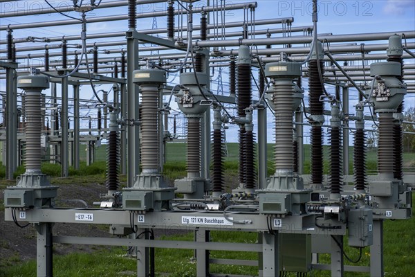 Insulators at the Avacon substation in Helmstedt, Helmstedt, Lower Saxony, Germany, Europe