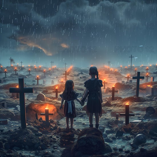 Two children stand in an illuminated cemetery under a rainy sky, war, war graves, military cemetery, AI generated