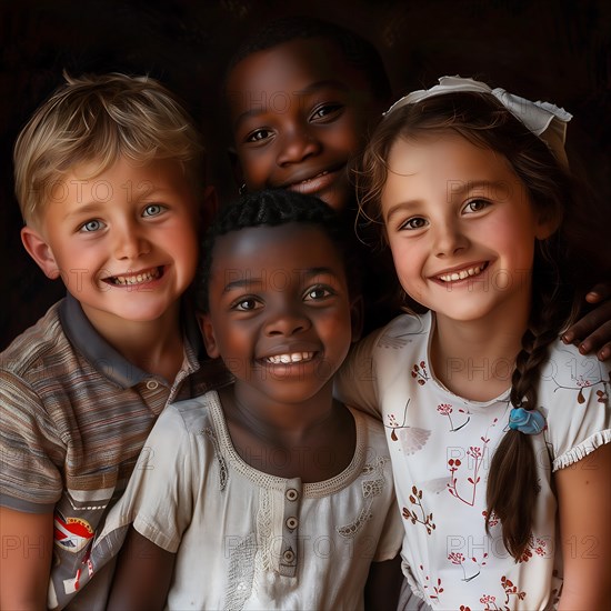 Four children smiling in an intimate embrace and demonstrating their friendship, group picture with laughing children of different nationalities and cultures, KI generated, AI generated