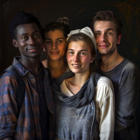 A cosy group portrait of four young people smiling harmoniously and showing a connection, group picture with people in work clothes of different nationalities and cultures, AI generated