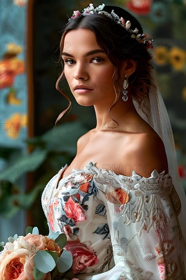 AI generated traditional bridal portrait with digital floral patterns