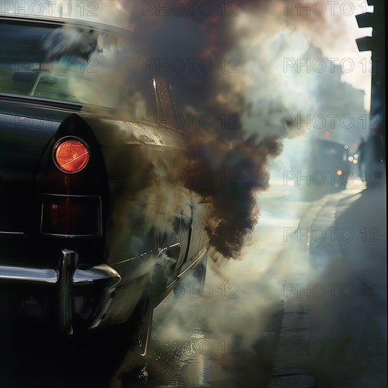 A black car emits thick clouds of exhaust fumes on a road, smoke develops in and around a car, AI generated