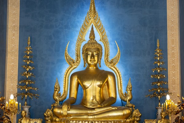 Golden Buddha statue, Bhumispara-mudra, Buddha Gautama at the moment of enlightenment, in the marble temple, Wat Benchamabophit, Bangkok, Thailand, Asia