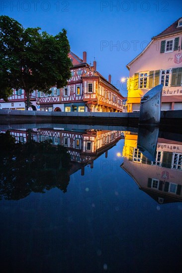 View of an old town, half-timbered houses and streets in a town. Seligenstadt am Main, Hesse Germany