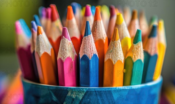 Close-up of a bunch of colored pencils, abstract background with colored pencils macro view AI generated