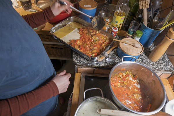 Preparation of a vegetable lasagne, Mecklenburg-Vorpommern, Germany, Europe