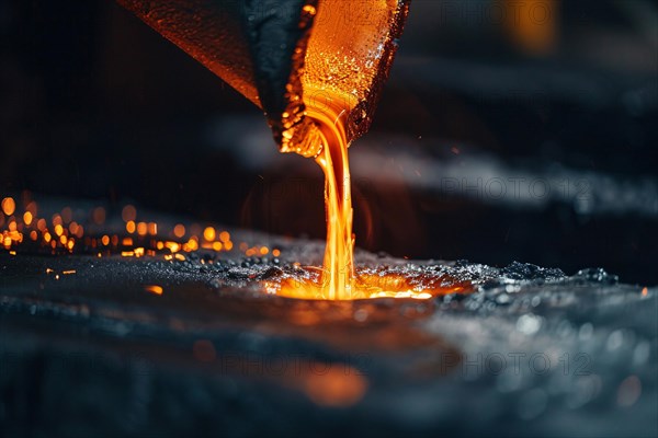 Close up of molten metal being poured into mold. KI generiert, generiert, AI generated