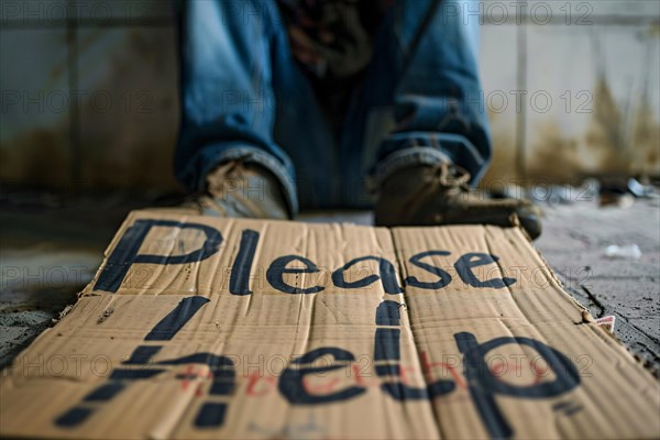 Cardboard sign with text 'Please help' and beggar in street. KI generiert, generiert, AI generated