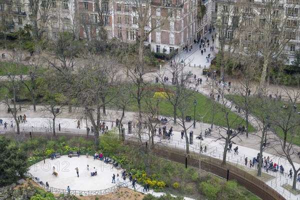 View from the Eiffel Tower to Champs de Mars, Paris, Ile-de-France, France, Europe