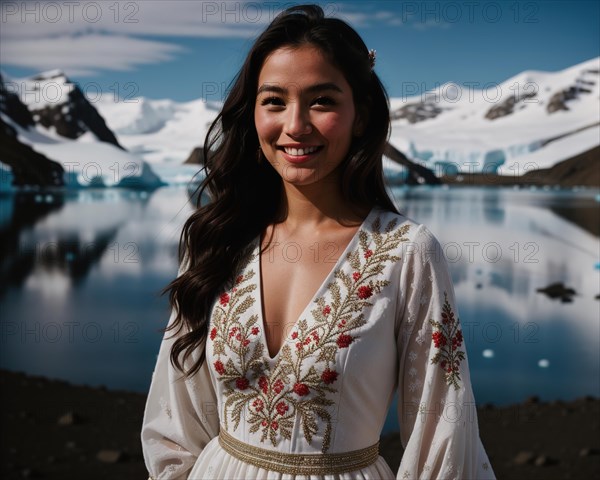 Portrait of a young woman smiling at camera in front of icebergs. ai generative, AI generated