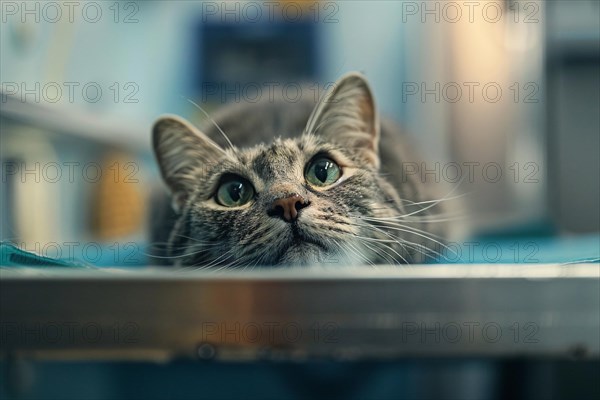 Scared cat on examination table in vet clinic. KI generiert, generiert, AI generated