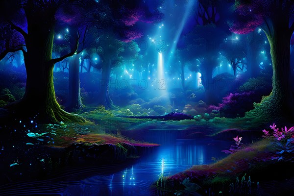 AI generated ethereal mystical forest scene with digital glow effects