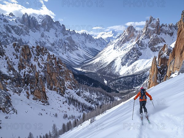 Skiers ski on a lonely piste in deep snow in the mountains, AI generated