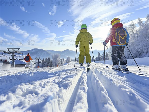 Children are traveling with a ski school in the mountains and learning to ski, AI generated