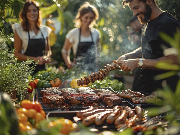 Barbecue party, guests with glasses in their hands stand around a chef who is grilling sausages and steaks, AI generated