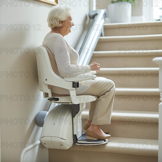 A pensioner rides a stair lift up a flight of stairs, AI generated