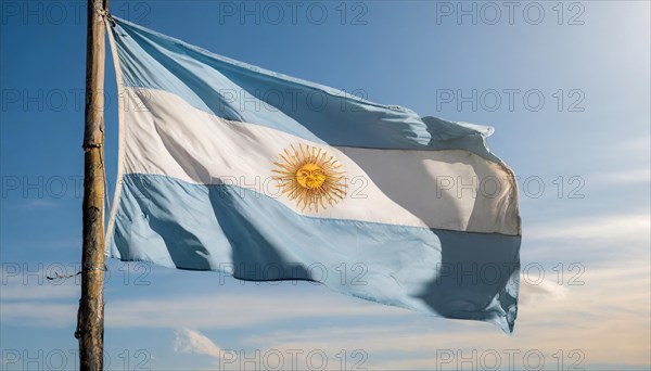 The flag of Argentina flutters in the wind, isolated against a blue sky