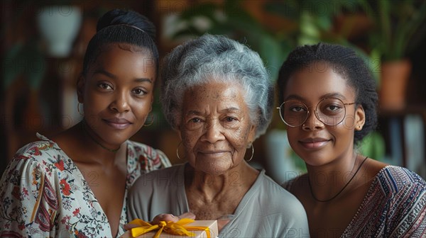 A heartfelt moment between an elderly woman and two young women with a gift, AI generated