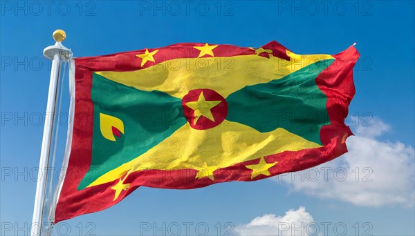 The flag of Grenada, Caribbean, flutters in the wind, isolated, against the blue sky