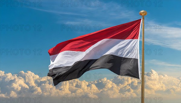 The flag of Yemen, fluttering in the wind, isolated, against the blue sky