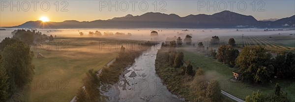 Aerial view, river with fog in front of mountains, panorama, sunrise, backlight, summer, Loisach, Alpine foothills, Bavaria, Germany, Europe