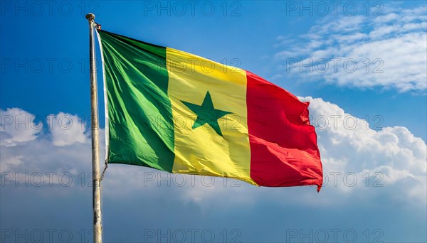 The flag of Senegal, fluttering in the wind, isolated, against the blue sky