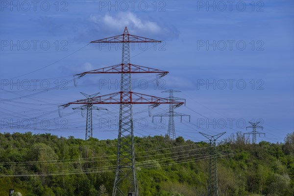 Power pylons with high-voltage lines near the Avacon substation Helmstedt, Helmstedt, Lower Saxony, Germany, Europe