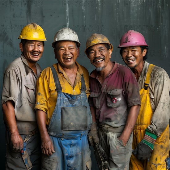 Four smiling construction workers with helmets and in work clothes stand together, group picture with international employees and colleagues, KI generated, AI generated