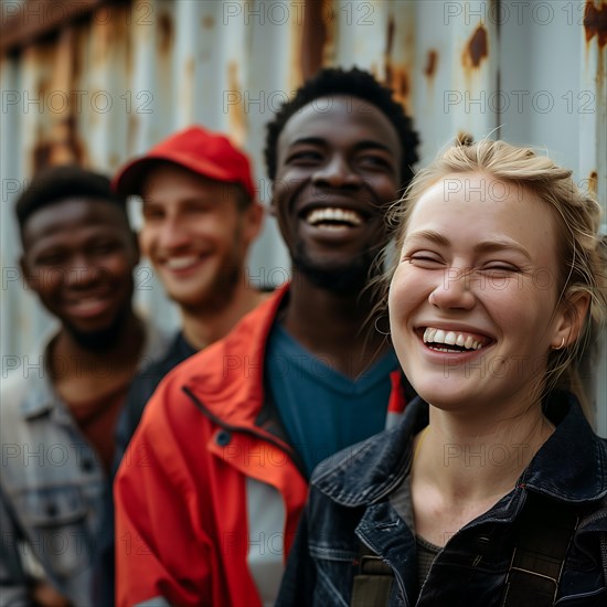 A cheerful group of four laughing friends share a happy moment together, group picture with people in work clothes of different nationalities and cultures, AI generated