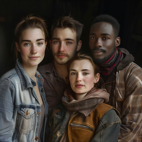 Cosy group portrait of four young adults in casual clothes, group picture with people in work clothes of different nationalities and cultures, KI generated, AI generated